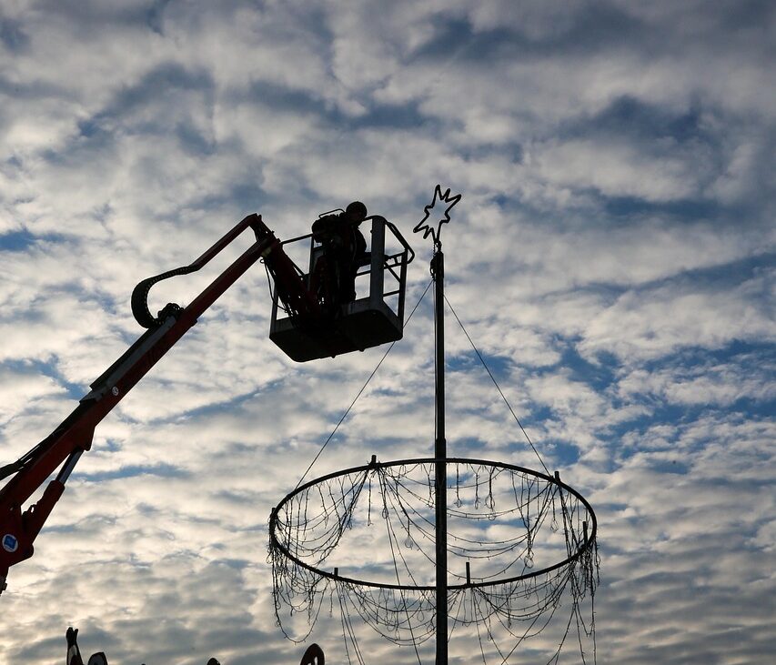 assembly, lifting platform, christmas lights, hebekorb, monday basket, heaven, nature, clouds