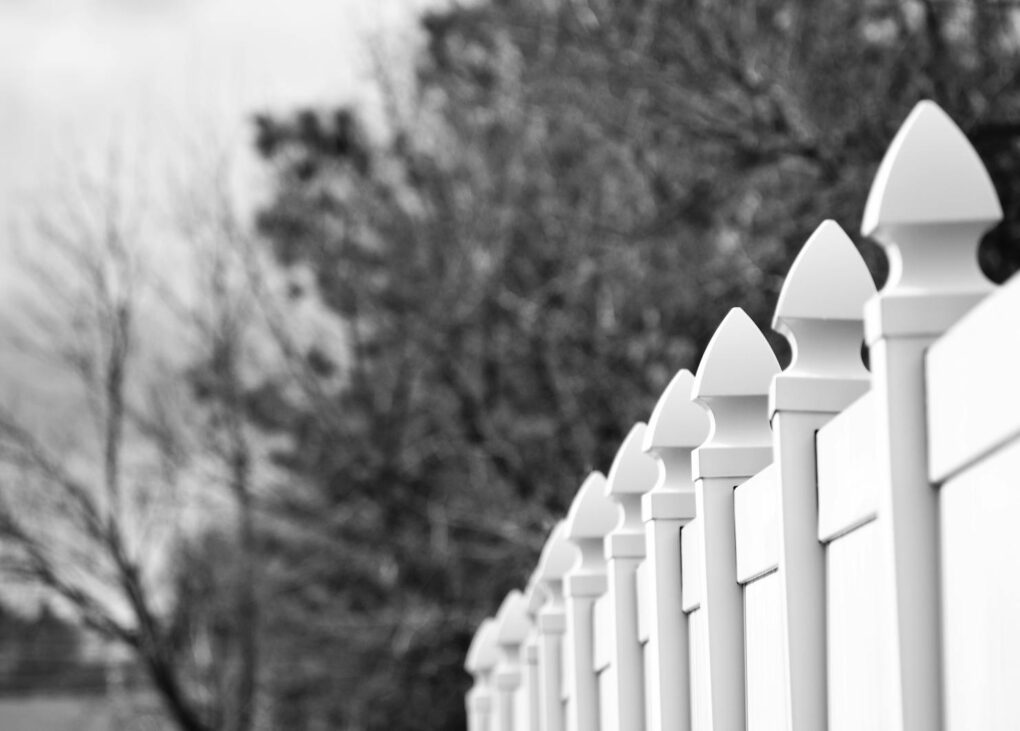 Black and white image of a row of decorative fence posts with blurred winter trees in the background.