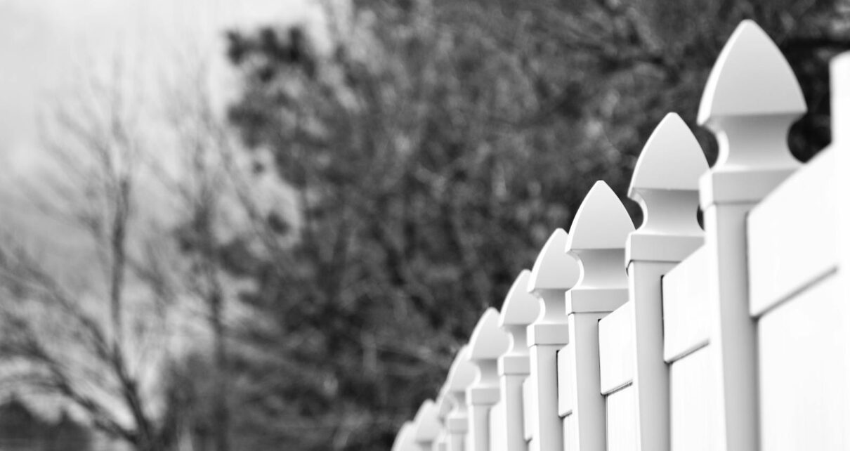 Black and white image of a row of decorative fence posts with blurred winter trees in the background.